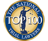 The National Trial Lawyers Top 10 award badge, featuring Lady Justice holding scale in the center