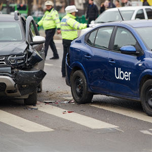 Rideshare accident scene with Uber car and SUV, focusing on traffic law enforcement. - Pigott Law Group
