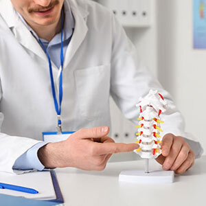 Doctor in a white coat points to a cervical spine model with colored nerves, highlighting spinal anatomy in a clinical setting.